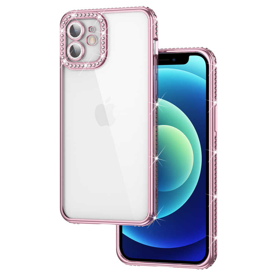 iPhone 12 Kılıf Kamera Korumalı Taşlı NXXA Mina Kapak-Rose Gold