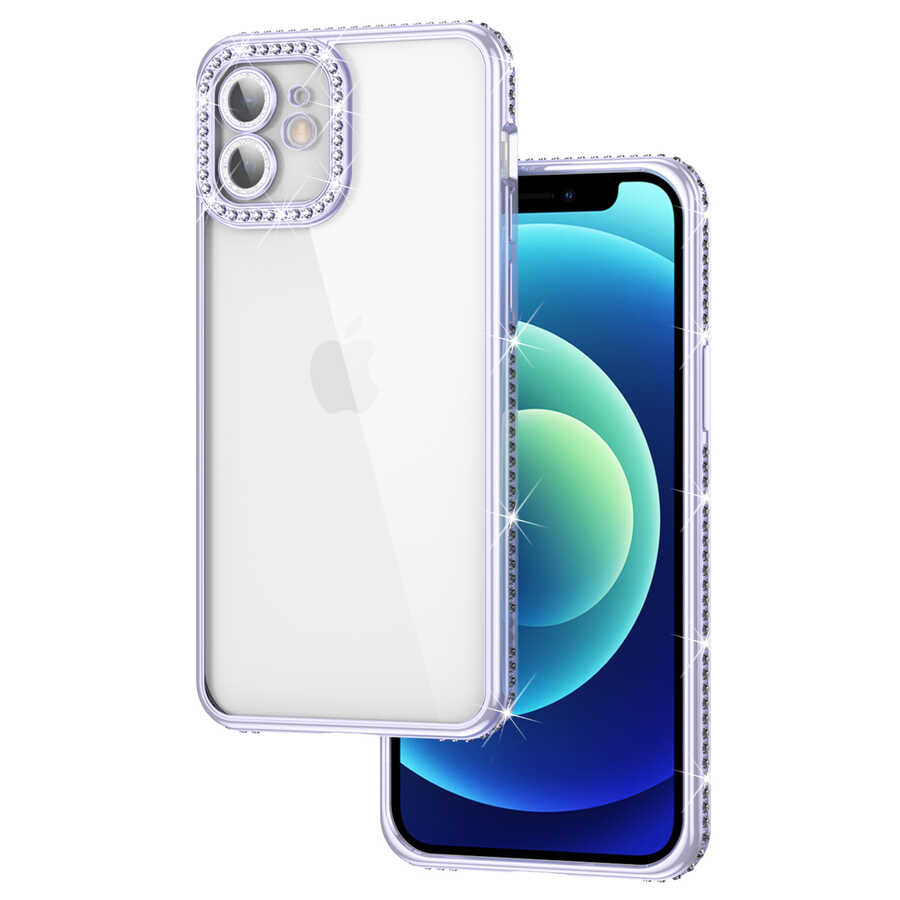 iPhone 12 Kılıf Kamera Korumalı Taşlı NXXA Mina Kapak-Lila