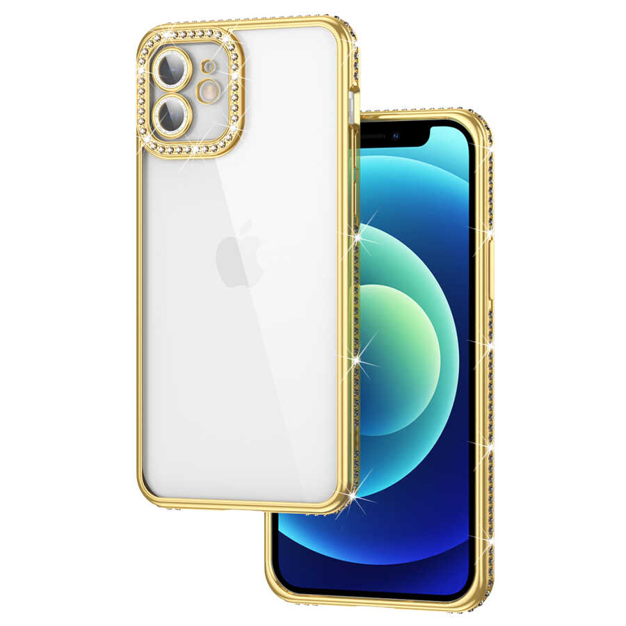 iPhone 12 Uyumlu Kamera Korumalı Taşlı NXXA Mina Kapak-Gold