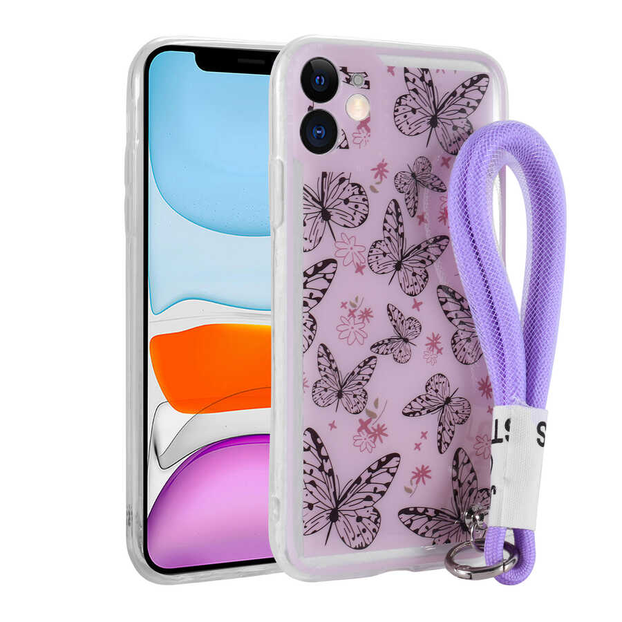 iPhone 11 Kılıf Desenli El Askılı İpli NXXA Astana Silikon Kapak-Kelebek