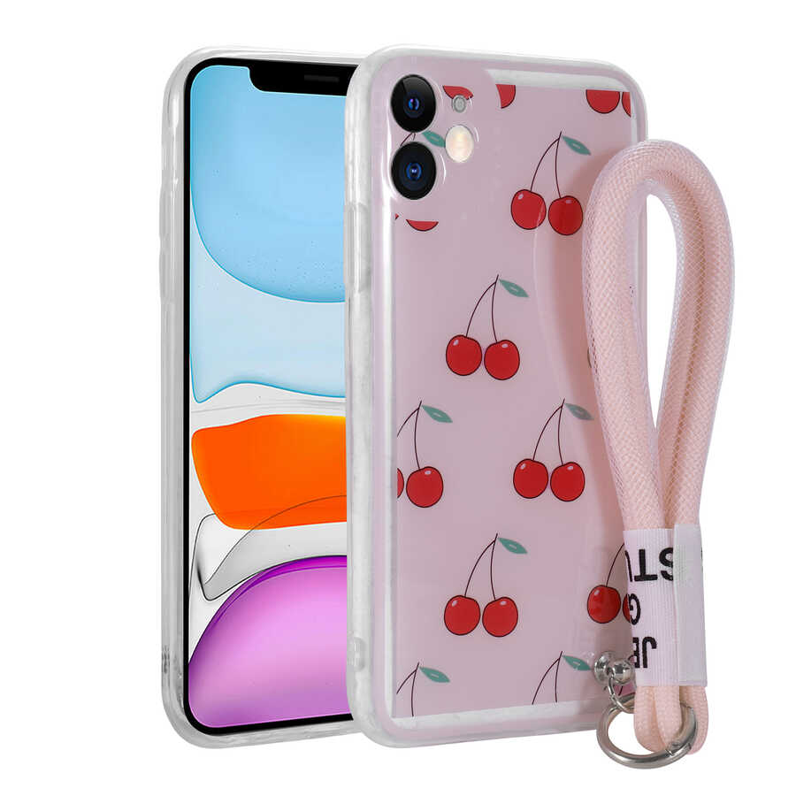 iPhone 11 Kılıf Desenli El Askılı İpli NXXA Astana Silikon Kapak-Kiraz