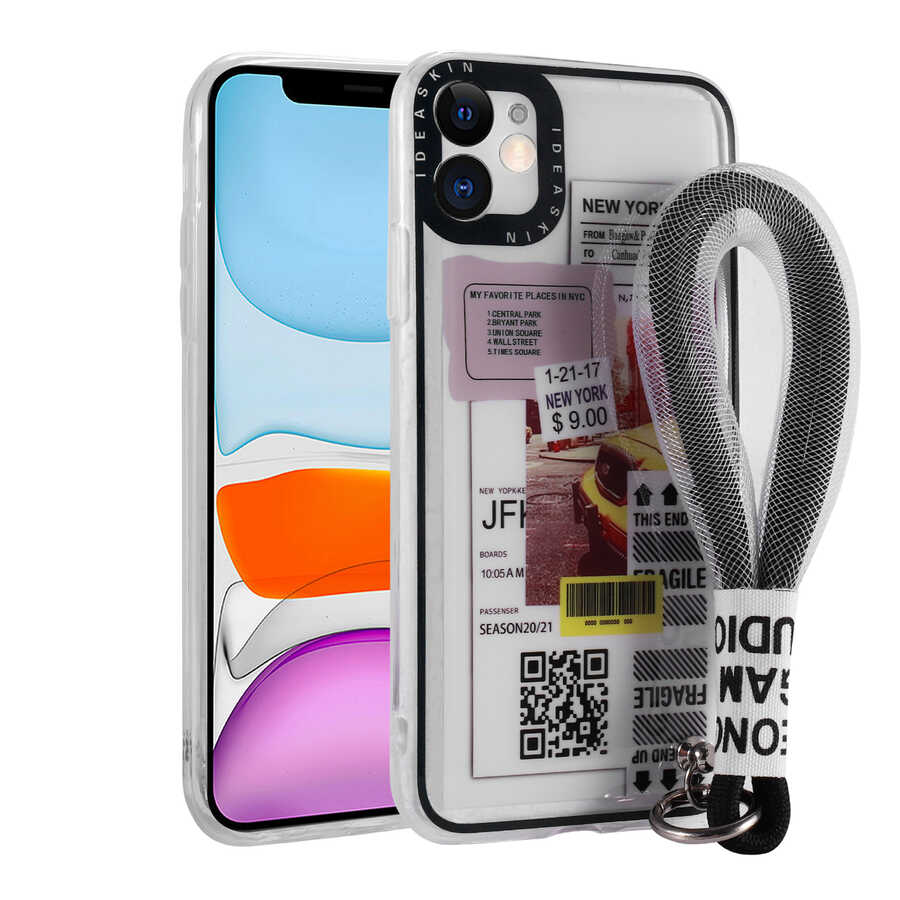 iPhone 11 Uyumlu Desenli El Askılı İpli NXXA Astana Silikon Kapak-Sarı Taksi