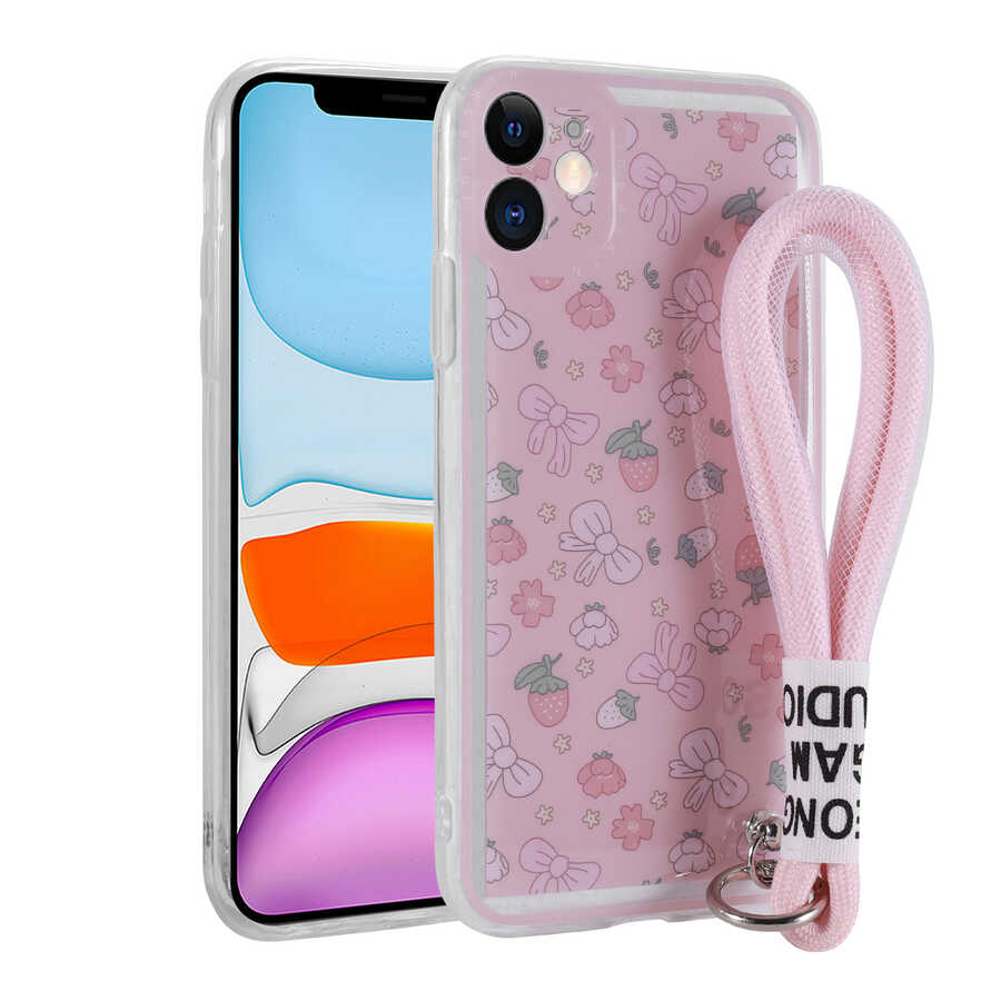 iPhone 11 Uyumlu Desenli El Askılı İpli NXXA Astana Silikon Kapak-Çilek