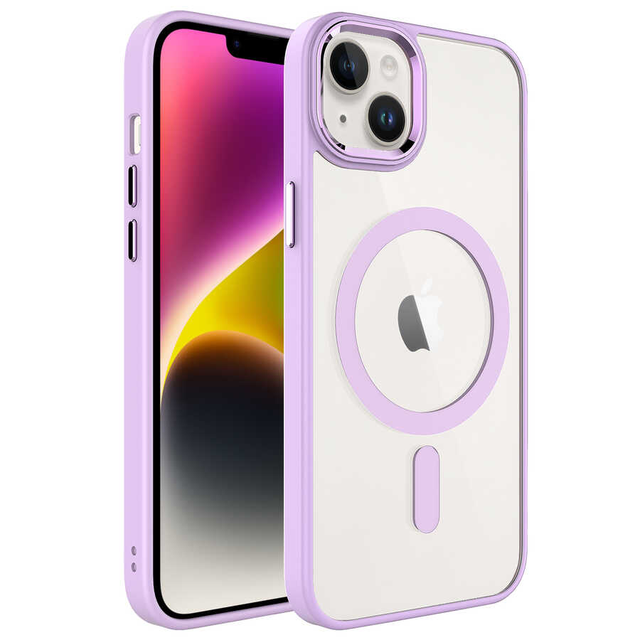 Apple iPhone 14 Kılıf Wireless Şarj Özellikli NXXA Krom Magsafe Silikon Kapak-Pembe Açık