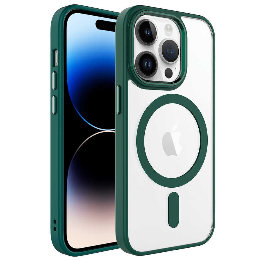 Apple iPhone 14 Pro Kılıf Wireless Şarj Özellikli NXXA Krom Magsafe Silikon Kapak-Koyu Yeşil