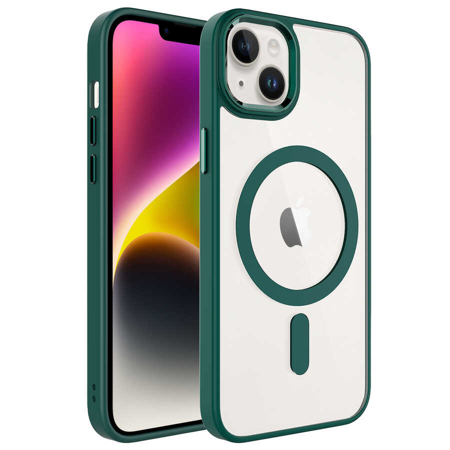 Apple iPhone 14 Plus Kılıf Wireless Şarj Özellikli NXXA Krom Magsafe Silikon Kapak-Koyu Yeşil
