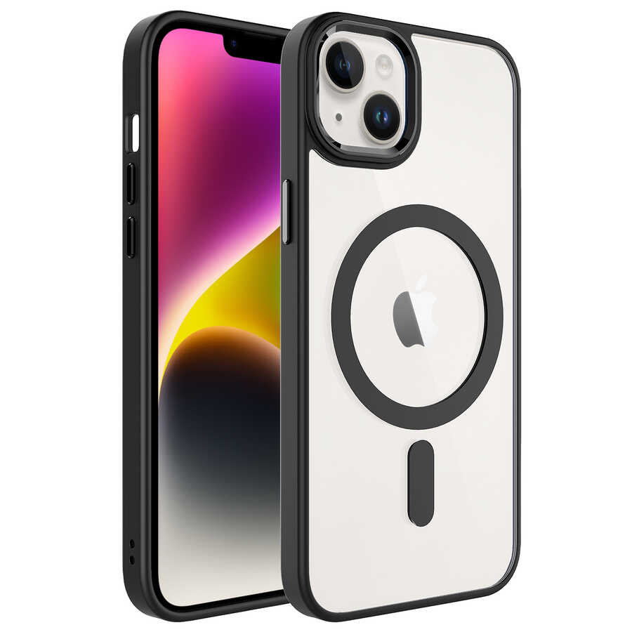 Apple iPhone 14 Plus Kılıf Wireless Şarj Özellikli NXXA Krom Magsafe Silikon Kapak-Siyah