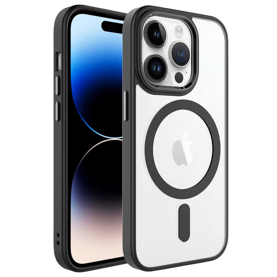 Apple iPhone 14 Pro Max Kılıf Wireless Şarj Özellikli NXXA Krom Magsafe Silikon Kapak-Siyah
