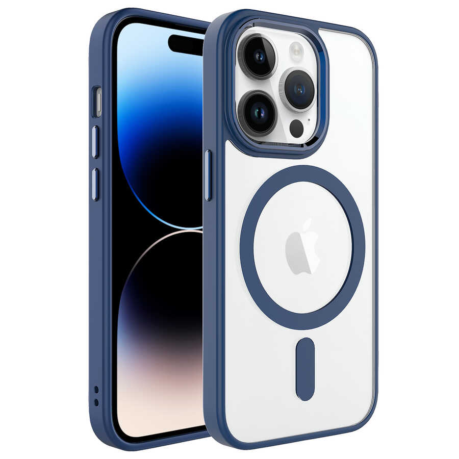 iPhone 14 Pro Max Uyumlu Wireless Şarj Özellikli NXXA Krom Magsafe Silikon Kapak-Lacivert