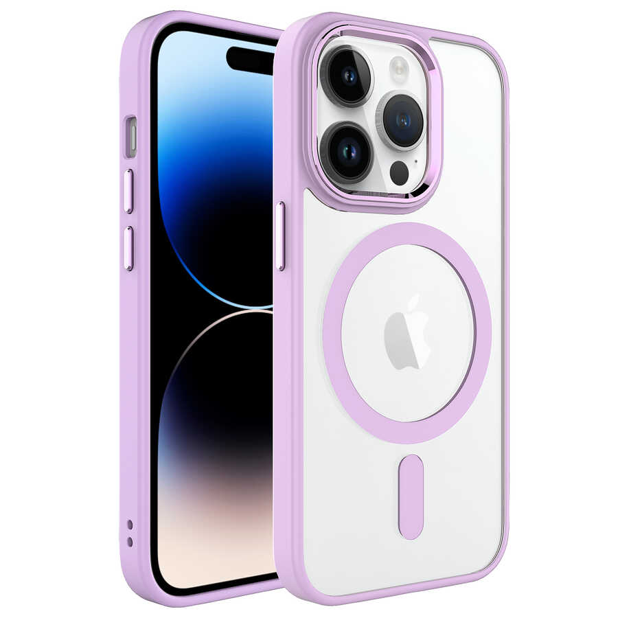 Apple iPhone 14 Pro Max Kılıf Wireless Şarj Özellikli NXXA Krom Magsafe Silikon Kapak-Pembe Açık
