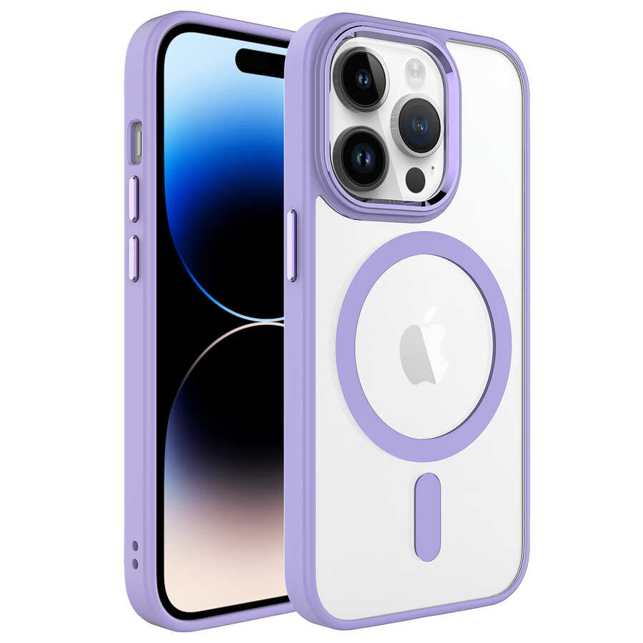 iPhone 14 Pro Max Uyumlu Wireless Şarj Özellikli NXXA Krom Magsafe Silikon Kapak-Lila