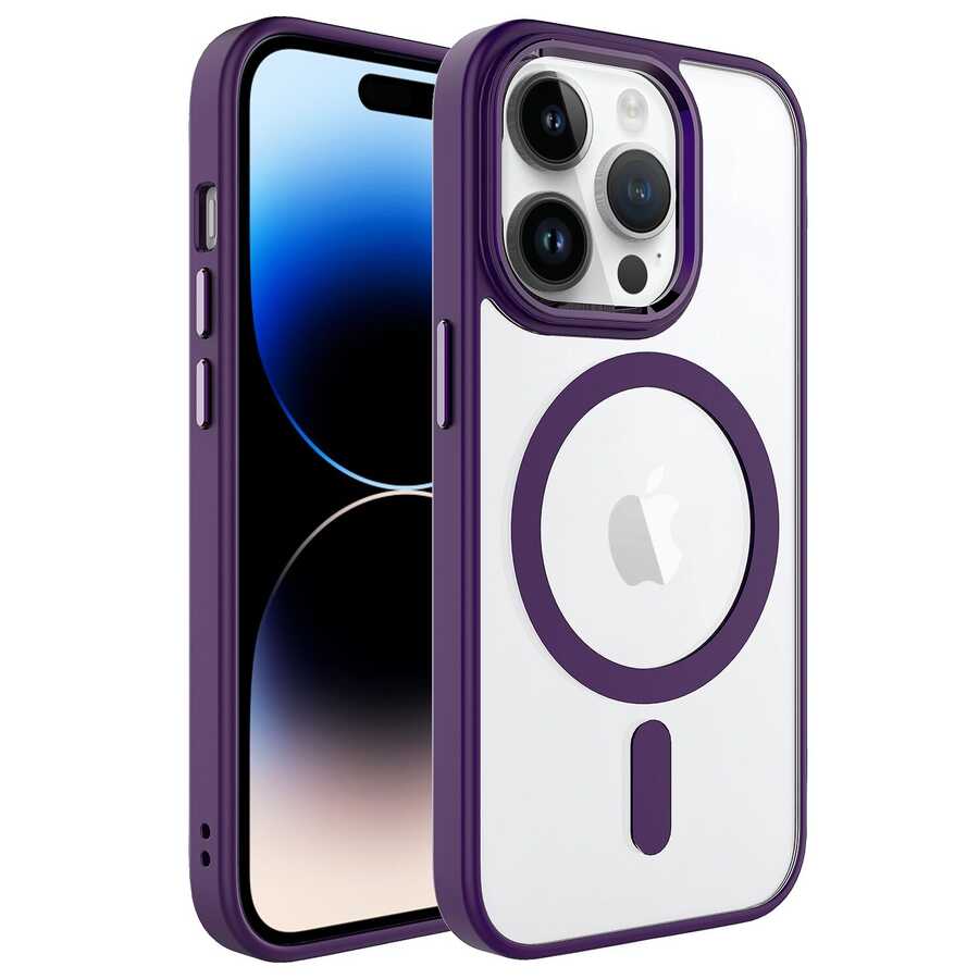 iPhone 14 Pro Uyumlu Wireless Şarj Özellikli NXXA Krom Magsafe Silikon Kapak-Derin Mor