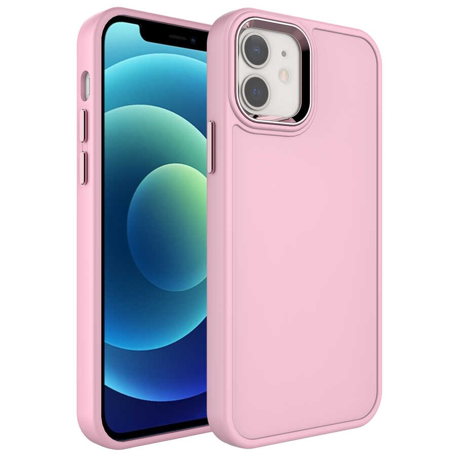 Apple iPhone 11 Kılıf Metal Çerçeve ve Buton Tasarımlı Sert NXXA Botox Kapak-Pembe Açık