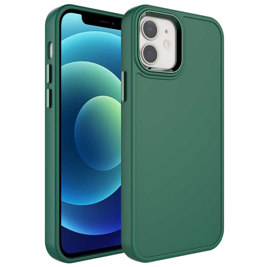 Apple iPhone 11 Kılıf Metal Çerçeve ve Buton Tasarımlı Sert NXXA Botox Kapak-Koyu Yeşil