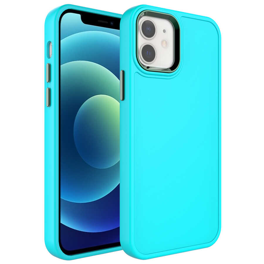 Apple iPhone 12 Kılıf Metal Çerçeve ve Buton Tasarımlı Sert NXXA Botox Kapak-Turkuaz