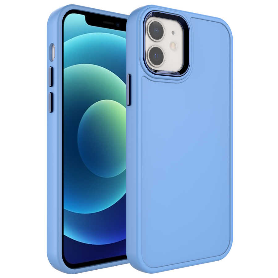 Apple iPhone 12 Kılıf Metal Çerçeve ve Buton Tasarımlı Sert NXXA Botox Kapak-Mavi
