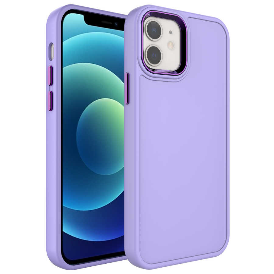 iPhone 12 Uyumlu Metal Çerçeve ve Buton Tasarımlı Sert NXXA Botox Kapak-Lila