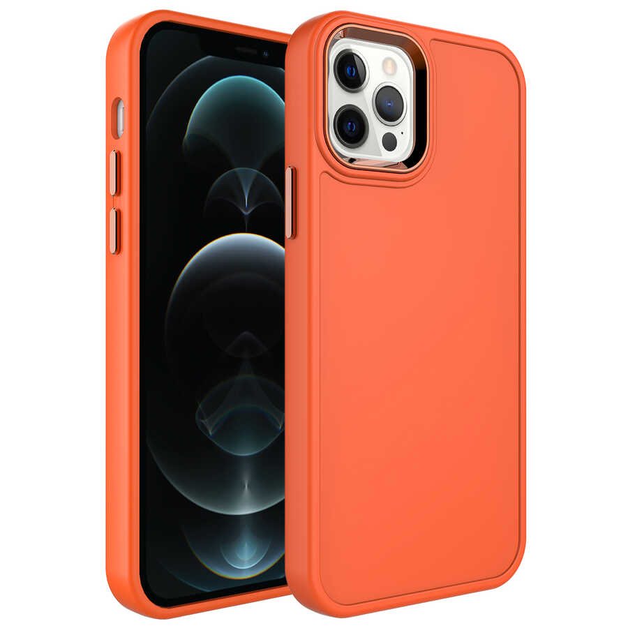 Apple iPhone 12 Pro Max Kılıf Metal Çerçeve ve Buton Tasarımlı Sert NXXA Botox Kapak-Turuncu