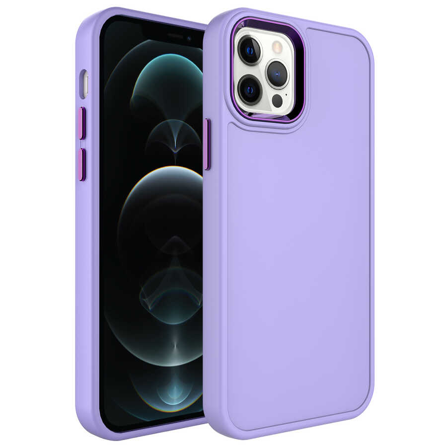 Apple iPhone 12 Pro Max Kılıf Metal Çerçeve ve Buton Tasarımlı Sert NXXA Botox Kapak-Lila