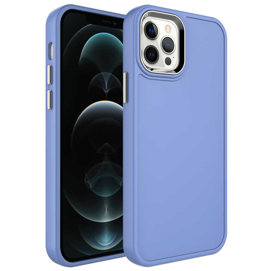 Apple iPhone 12 Pro Max Kılıf Metal Çerçeve ve Buton Tasarımlı Sert NXXA Botox Kapak-Lavendery Gray