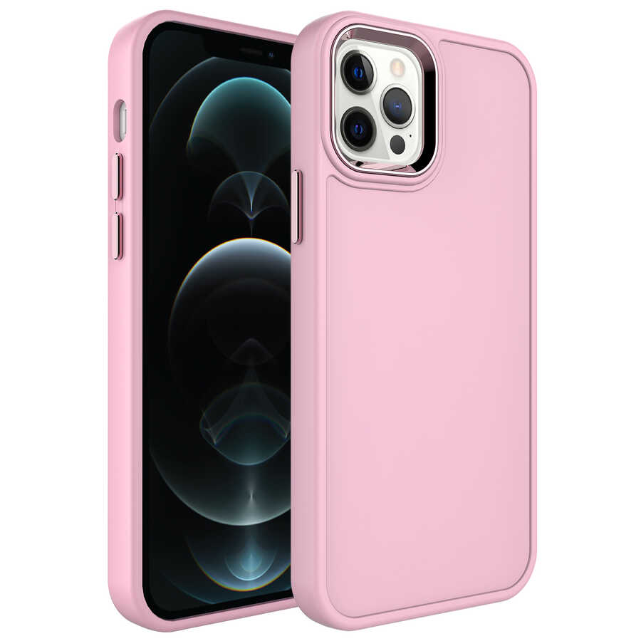 Apple iPhone 12 Pro Max Kılıf Metal Çerçeve ve Buton Tasarımlı Sert NXXA Botox Kapak-Pembe Açık