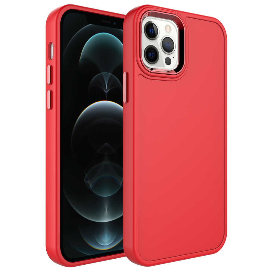 Apple iPhone 12 Pro Max Kılıf Metal Çerçeve ve Buton Tasarımlı Sert NXXA Botox Kapak-Kırmızı