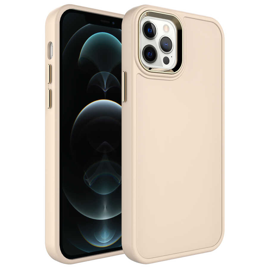Apple iPhone 12 Pro Max Kılıf Metal Çerçeve ve Buton Tasarımlı Sert NXXA Botox Kapak-Krem