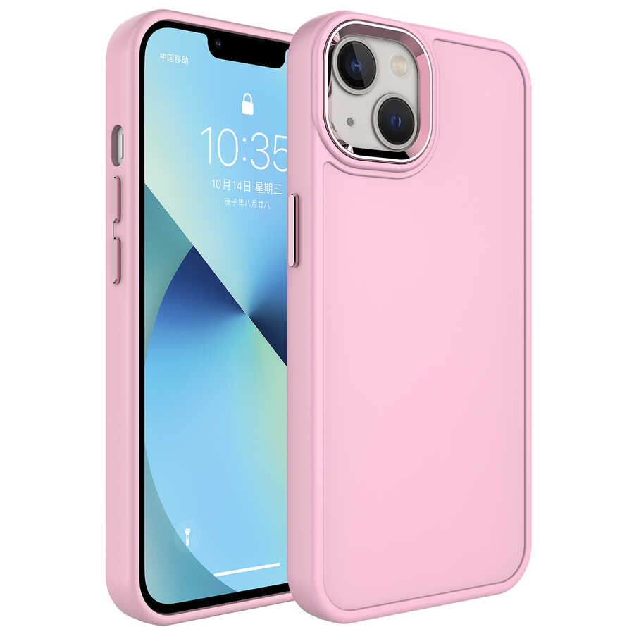 iPhone 14 Uyumlu Metal Çerçeve ve Buton Tasarımlı Sert NXXA Botox Kapak-Pembe Açık