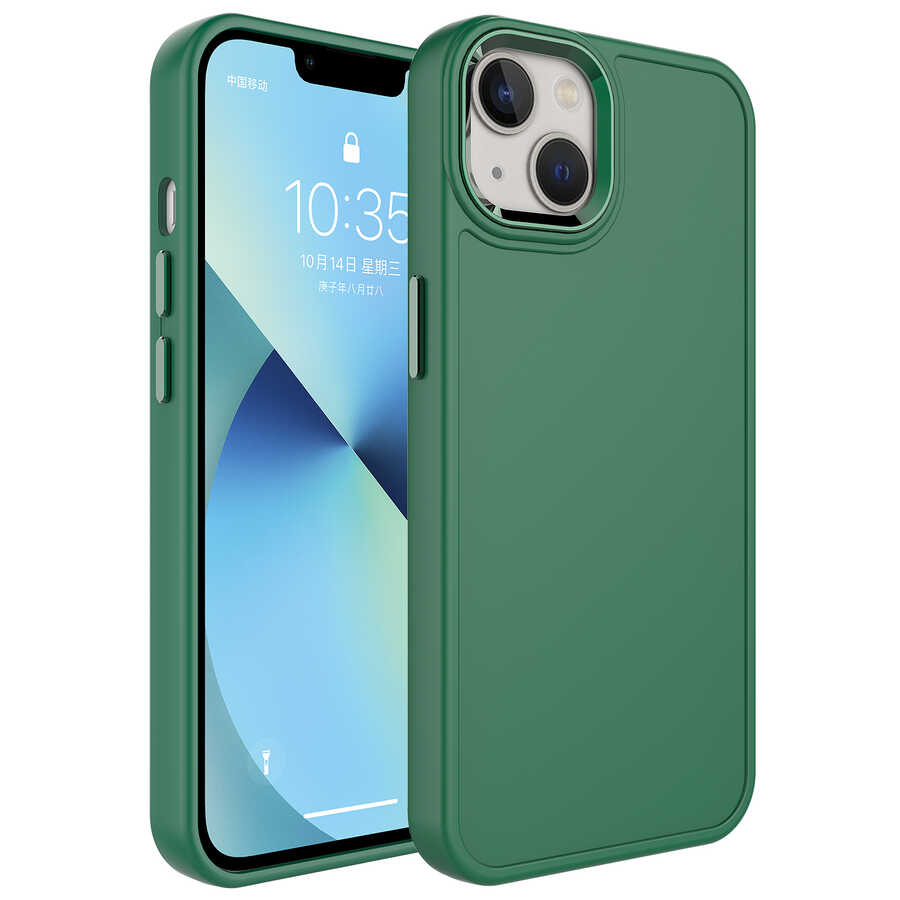 iPhone 14 Uyumlu Metal Çerçeve ve Buton Tasarımlı Sert NXXA Botox Kapak-Koyu Yeşil