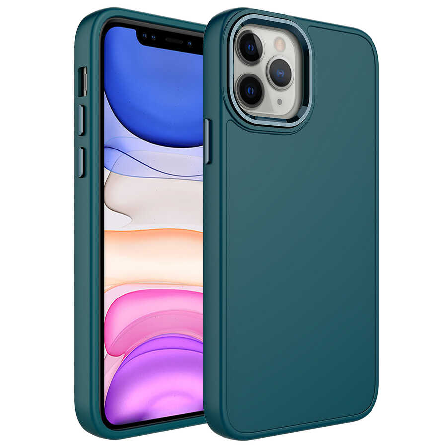 iPhone 12 Pro Max Uyumlu Metal Çerçeve ve Buton Tasarımlı Silikon NXXA Luna Kapak-Koyu Yeşil