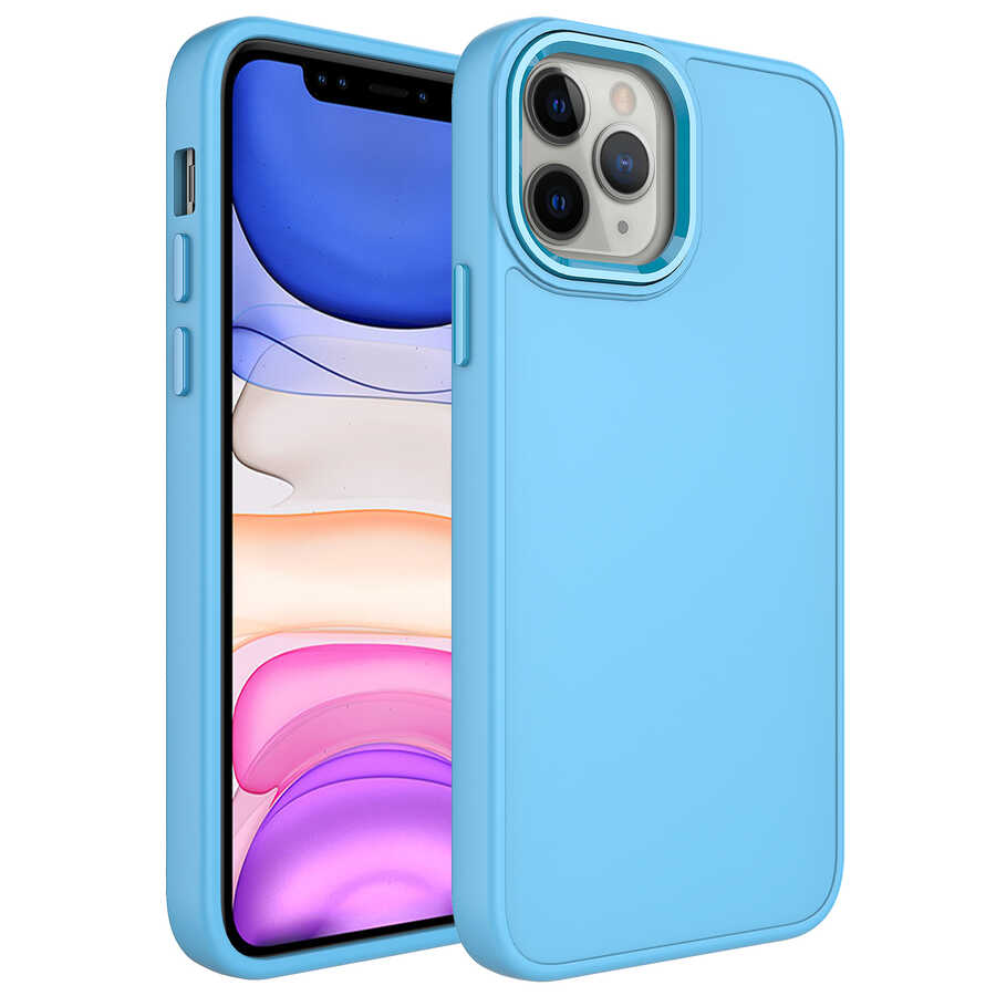 Apple iPhone 12 Pro Max Kılıf Metal Çerçeve ve Buton Tasarımlı Silikon NXXA Luna Kapak-Sierra Mavi
