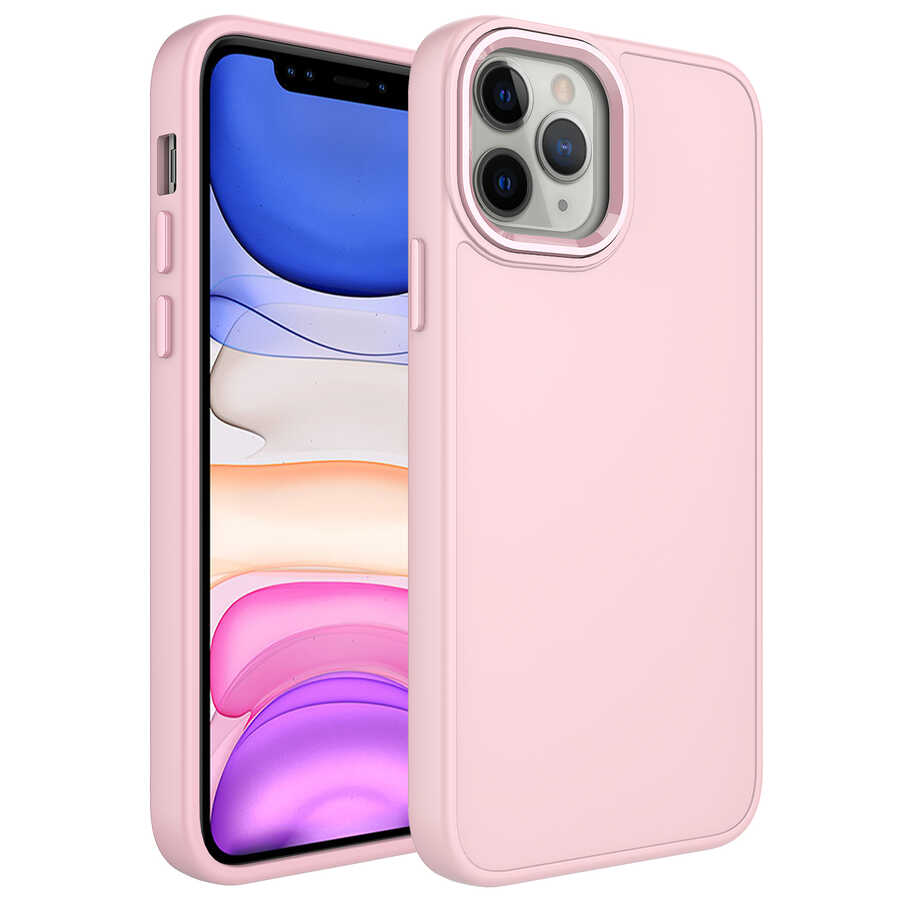 iPhone 12 Pro Max Uyumlu Metal Çerçeve ve Buton Tasarımlı Silikon NXXA Luna Kapak-Pembe