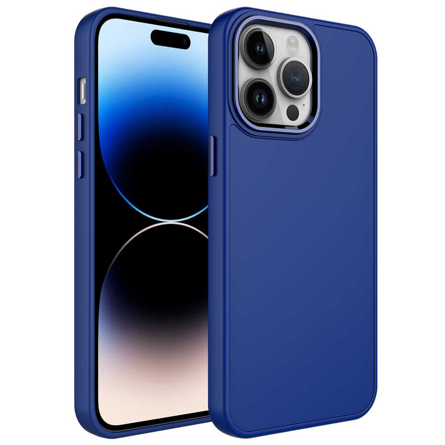 iPhone 13 Pro Max Uyumlu Metal Çerçeve ve Buton Tasarımlı Silikon NXXA Luna Kapak-Lacivert