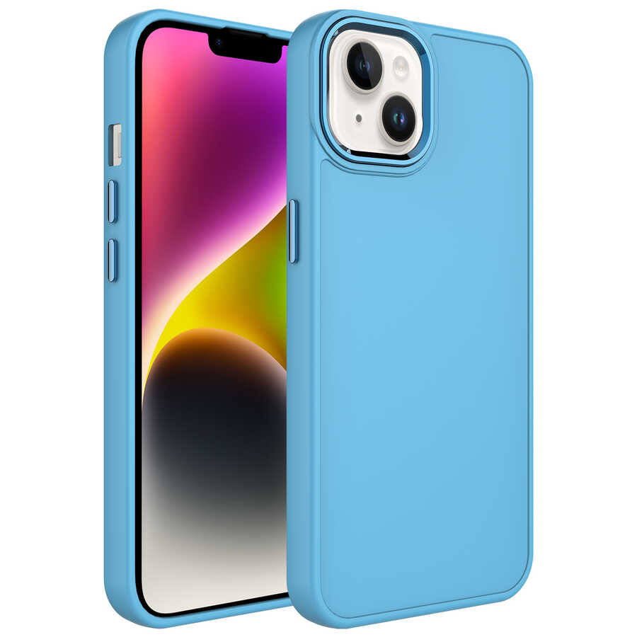 iPhone 14 Uyumlu Metal Çerçeve ve Buton Tasarımlı Silikon NXXA Luna Kapak-Sierra Mavi