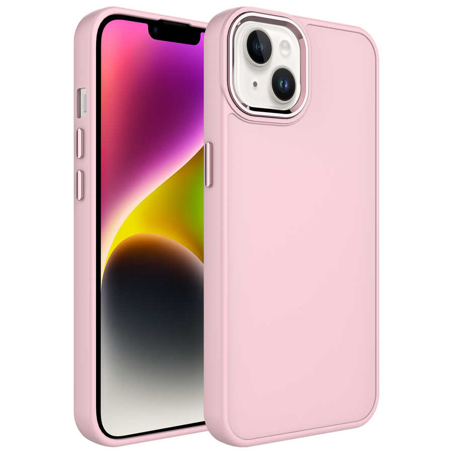 iPhone 14 Uyumlu Metal Çerçeve ve Buton Tasarımlı Silikon NXXA Luna Kapak-Pembe