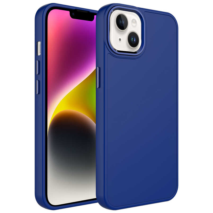 Apple iPhone 14 Plus Kılıf Metal Çerçeve ve Buton Tasarımlı Silikon NXXA Luna Kapak-Lacivert