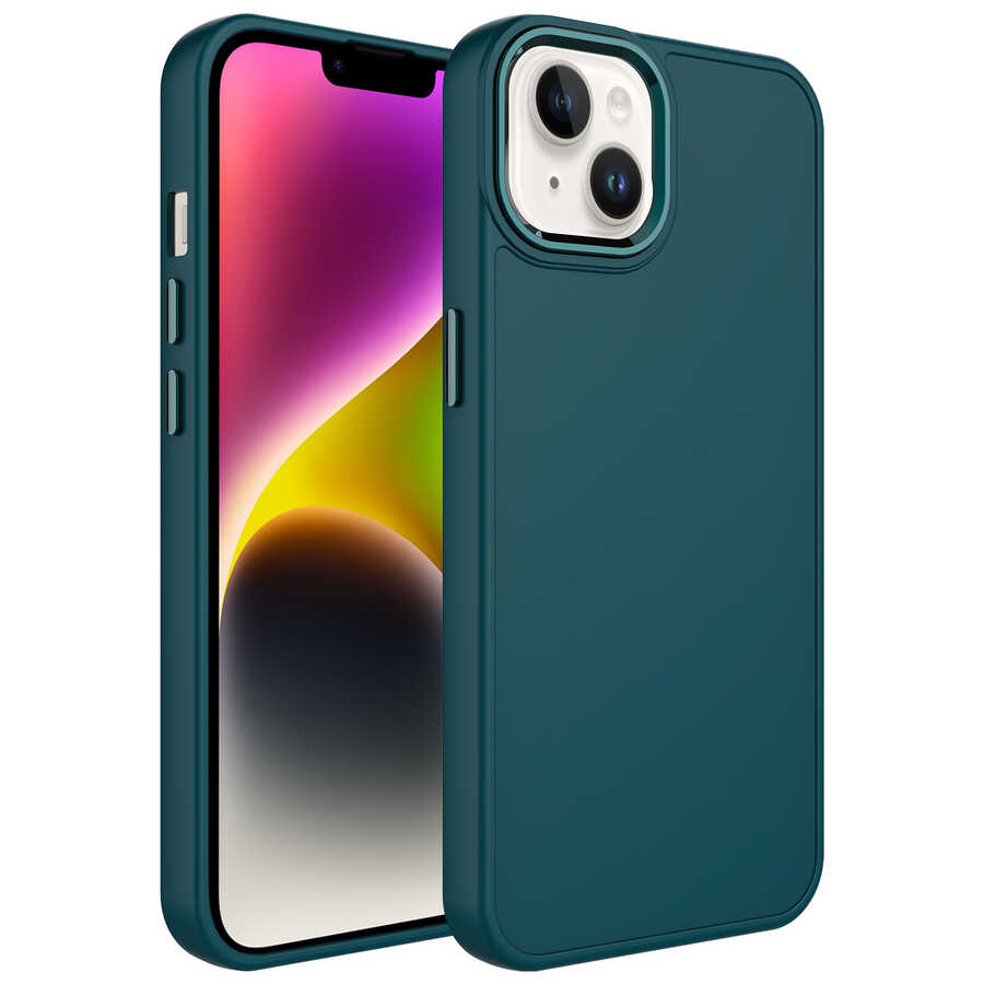 Apple iPhone 14 Plus Kılıf Metal Çerçeve ve Buton Tasarımlı Silikon NXXA Luna Kapak-Koyu Yeşil