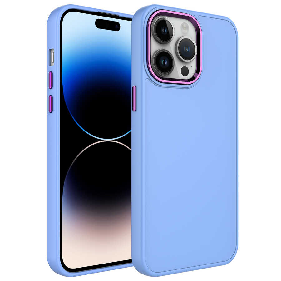 Apple iPhone 14 Pro Kılıf Metal Çerçeve ve Buton Tasarımlı Silikon NXXA Luna Kapak-Lila