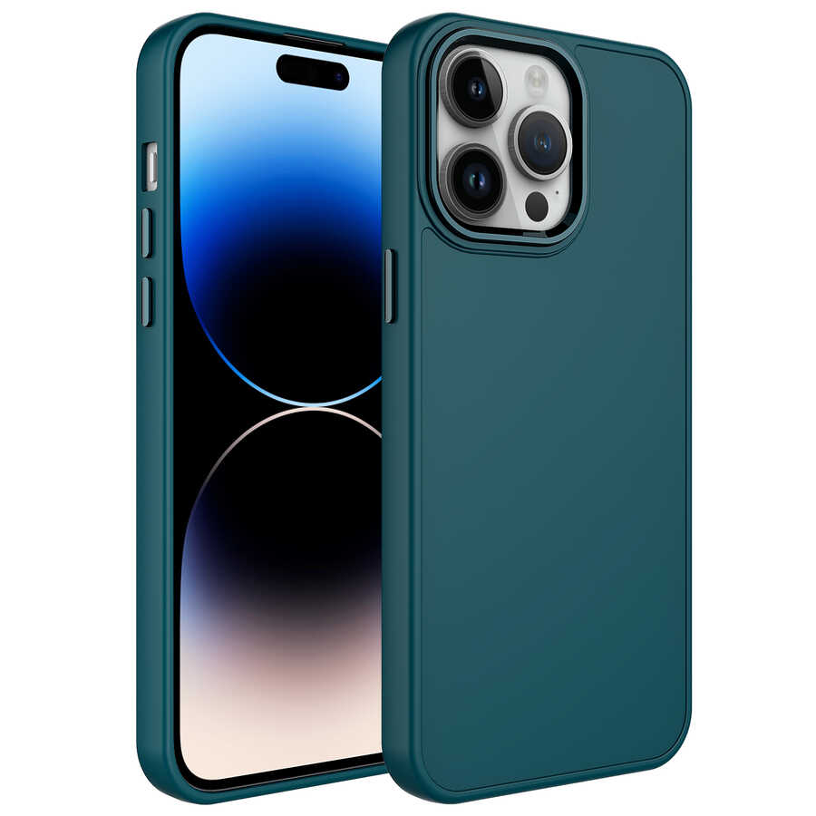 iPhone 14 Pro Uyumlu Metal Çerçeve ve Buton Tasarımlı Silikon NXXA Luna Kapak-Koyu Yeşil