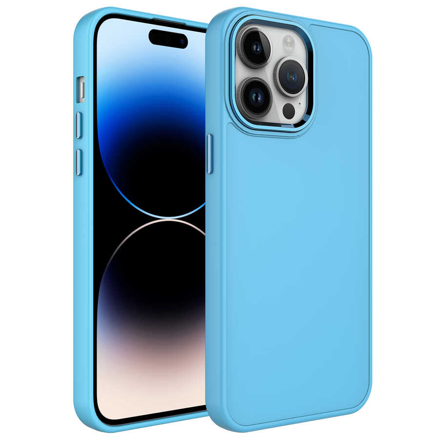 iPhone 14 Pro Uyumlu Metal Çerçeve ve Buton Tasarımlı Silikon NXXA Luna Kapak-Sierra Mavi