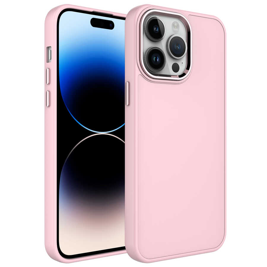 Apple iPhone 14 Pro Max Kılıf Metal Çerçeve ve Buton Tasarımlı Silikon NXXA Luna Kapak-Pembe