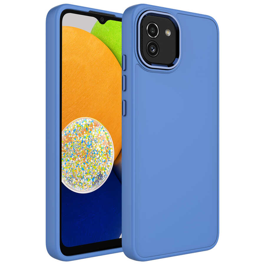 Galaxy A03 Kılıf Metal Çerçeve ve Buton Tasarımlı Silikon NXXA Luna Kapak-Lavendery Gray