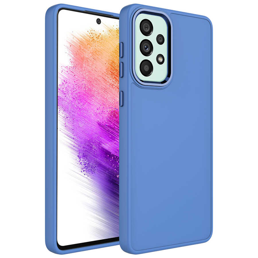 Galaxy A52 Kılıf Metal Çerçeve ve Buton Tasarımlı Silikon NXXA Luna Kapak-Lavendery Gray