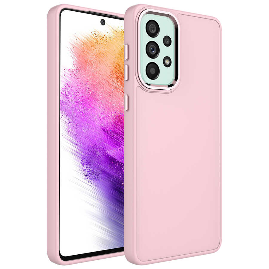 Galaxy A52 Kılıf Metal Çerçeve ve Buton Tasarımlı Silikon NXXA Luna Kapak-Pembe