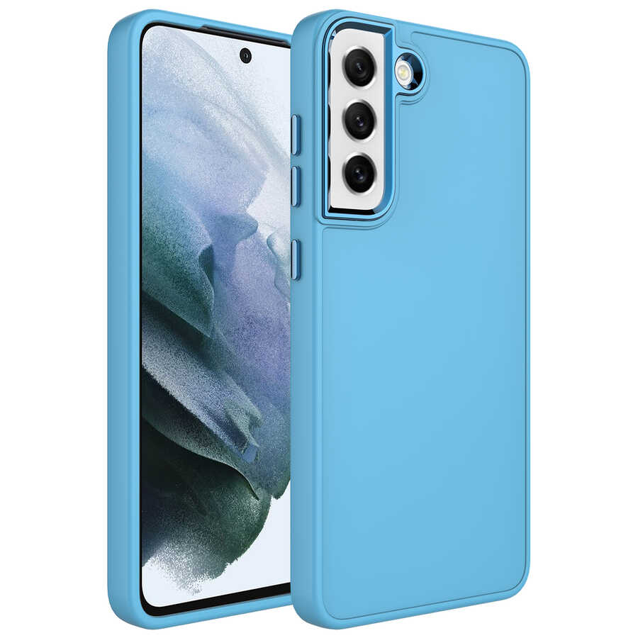 Galaxy S21 FE Kılıf Metal Çerçeve ve Buton Tasarımlı Silikon NXXA Luna Kapak-Sierra Mavi