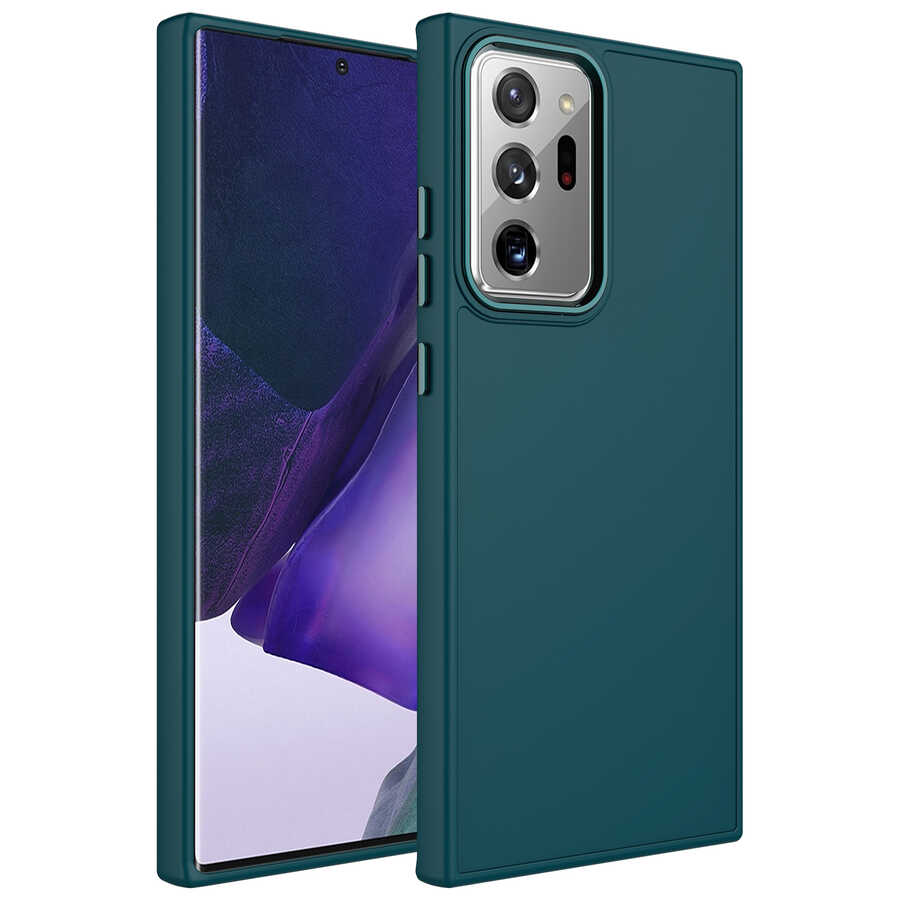 Galaxy Note 20 Ultra Kılıf Metal Çerçeve ve Buton Tasarımlı Silikon NXXA Luna Kapak-Koyu Yeşil