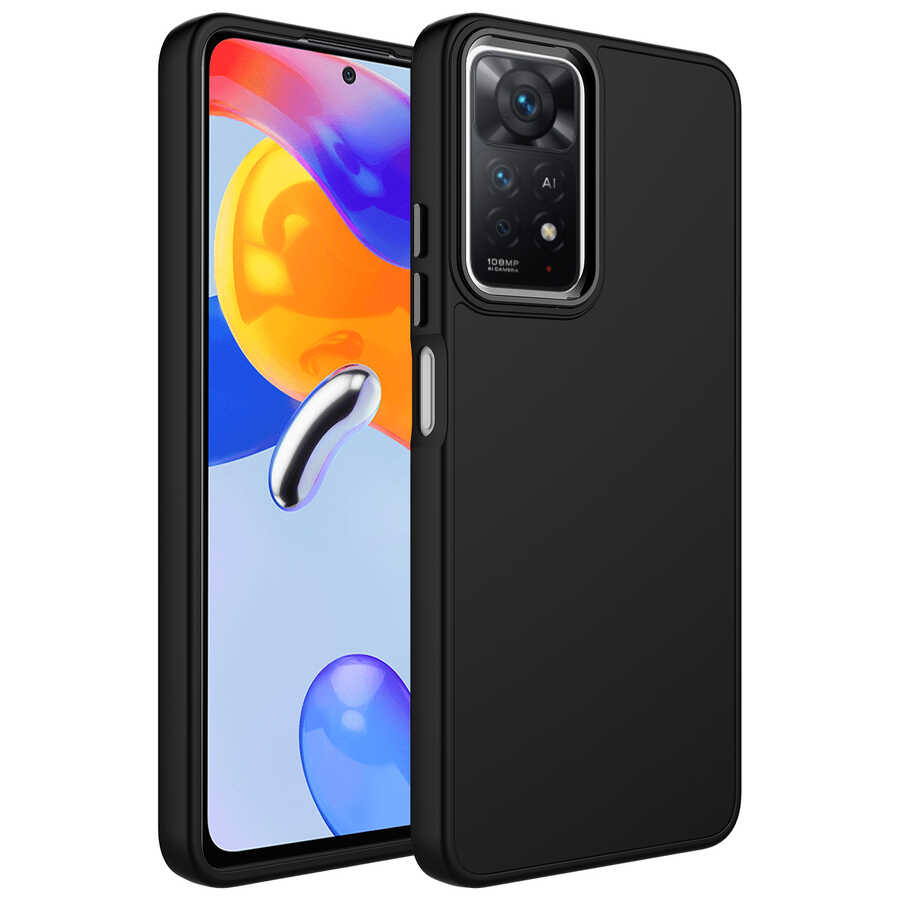 Xiaomi Redmi Note 11 Global Kılıf Metal Çerçeve ve Buton Tasarımlı Silikon NXXA Luna Kapak-Siyah