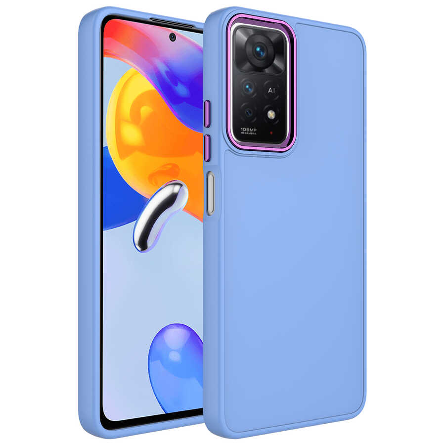 Xiaomi Redmi Note 11 Global Kılıf Metal Çerçeve ve Buton Tasarımlı Silikon NXXA Luna Kapak-Lila