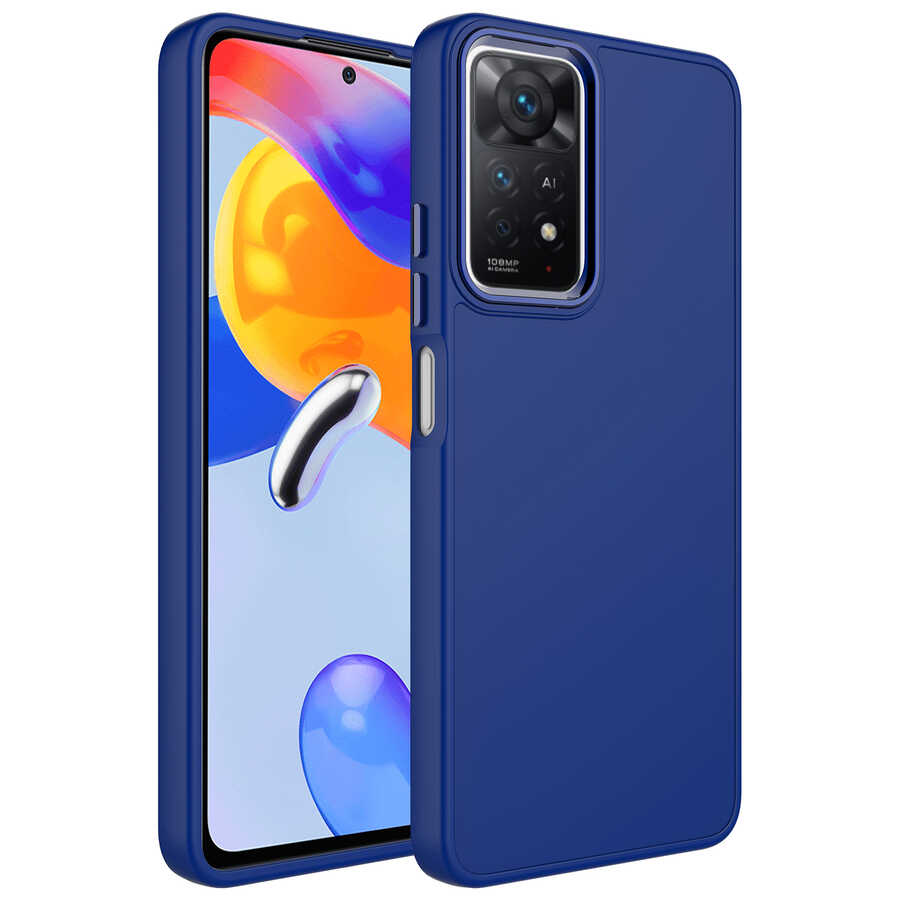 Xiaomi Redmi Note 11S Global Kılıf Metal Çerçeve ve Buton Tasarımlı Silikon NXXA Luna Kapak-Lacivert