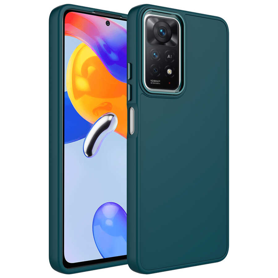 Xiaomi Redmi Note 11S Global Kılıf Metal Çerçeve ve Buton Tasarımlı Silikon NXXA Luna Kapak-Koyu Yeşil